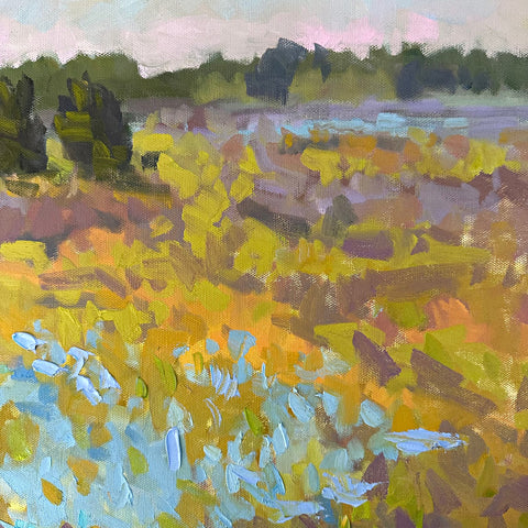 Detail of Landscape painting of marsh with blues, purples and ochres in the foreground by Priscilla Whitlock at Cottage Curator - Sperryville VA Art Gallery