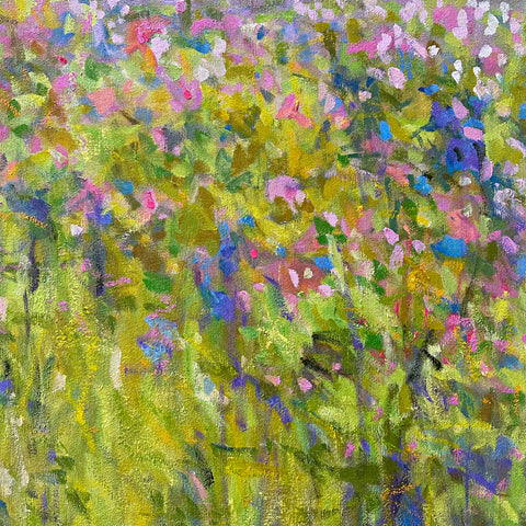 Detail of oil painted canvas diptych of meadow in summer with wildflowers in pinks, blues and purples with green stems and grass by Priscilla Whitlock at Cottage Curator - Sperryville VA Art Gallery