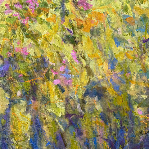 Detail of oil painted canvas diptych of meadow in summer with wildflowers in pinks, blues and purples with green stems and grass by Priscilla Whitlock at Cottage Curator - Sperryville VA Art Gallery