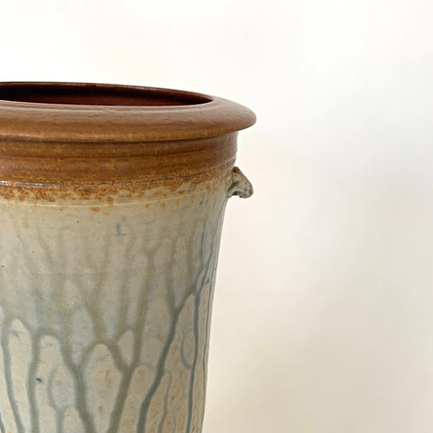 Detail of Cylindrical vessel with two small handles and gray and tan wood ash glazing by Richard Aerni at Cottage Curator - Sperryville VA Art Gallery