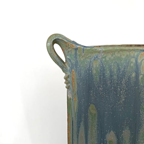 Detail view of oval stoneware vessel with two handles in washed glazes of pastel blue, green and neutral browns and tans by Richard Aerni at Cottage Curator - Sperryville VA Art Gallery