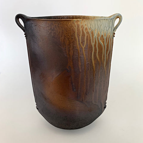 Stoneware oval vessel with two handles with brown and cream colored glaze by Richard Aerni at Cottage Curator - Sperryville VA Art Gallery