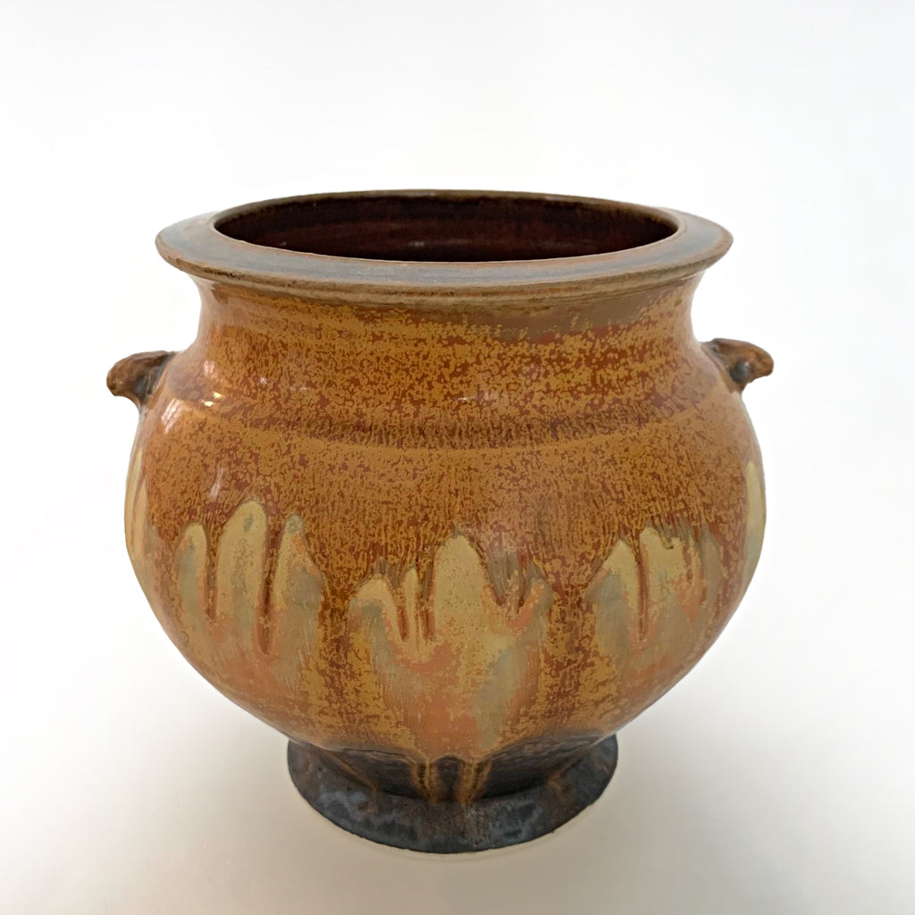 Vessel with wide mouth and two handles glazed in ochre and gray with a dark brown interior by Richard Aerni at Cottage Curator - Sperryville VA Art Gallery