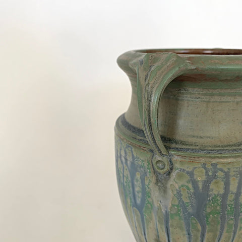 Detail of Stoneware vessel with two handles at top glazed in dark browns, greens and blues by Richard Aerni at Cottage Curator - Sperryville VA Art Gallery