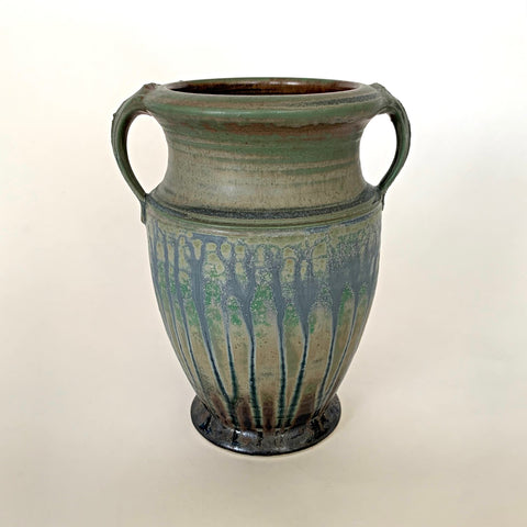 Stoneware vessel with two handles at top glazed in dark browns, greens and blues by Richard Aerni at Cottage Curator - Sperryville VA Art Gallery