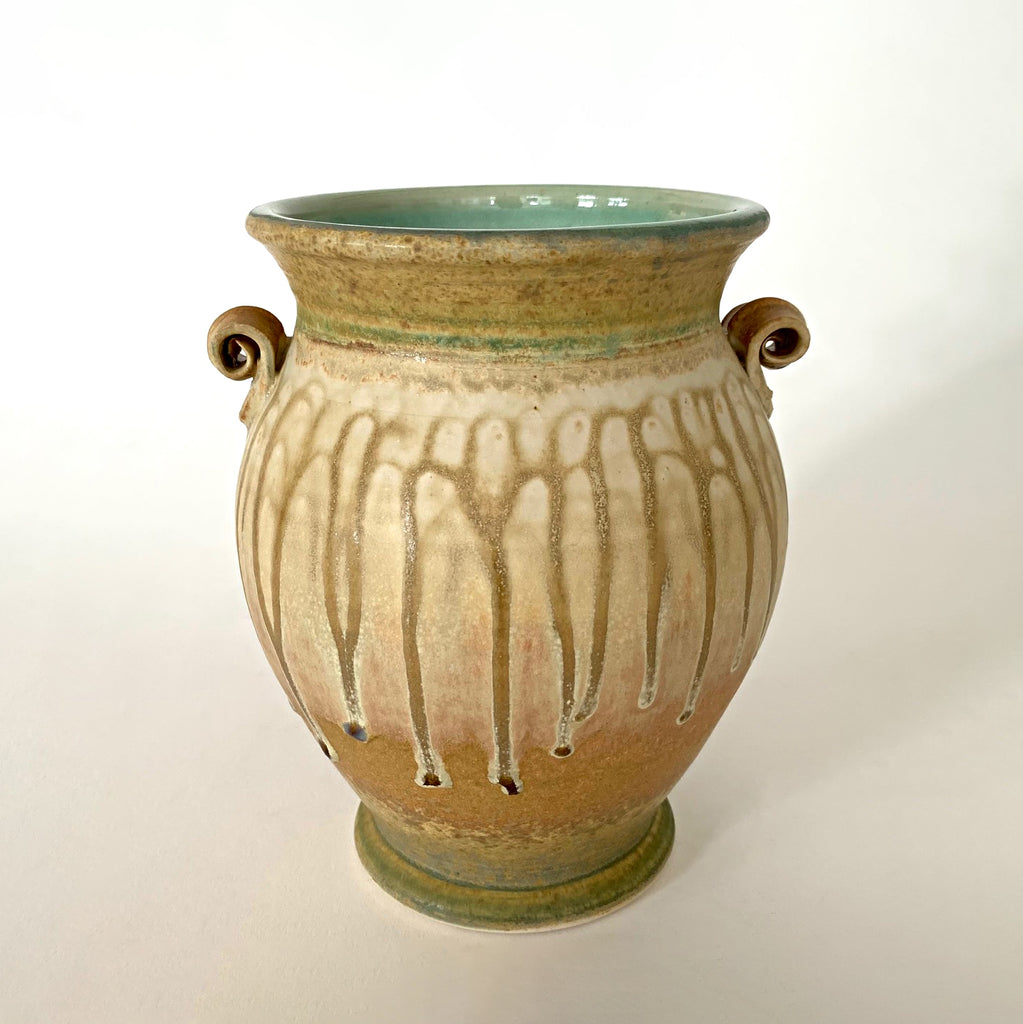 Stoneware vessel with celadon green interior and rust cream glaze on exterior with two small handles by Richard Aerni - Cottage Curator - Sperryville VA Art Gallery