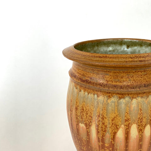 Detail of Stoneware vessel with wide brim around opening with rust, green, and black glazes by Richard Aerni - Cottage Curator - Sperryville VA Art Gallery