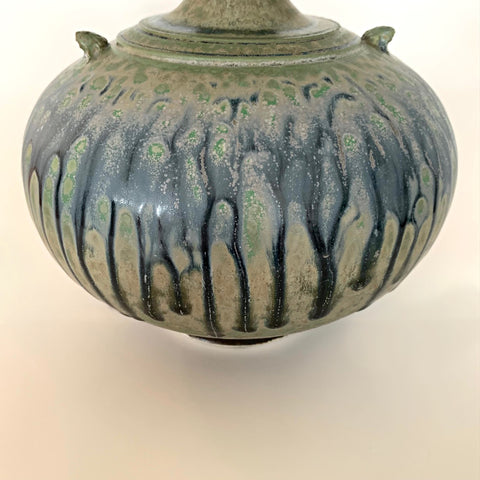Stoneware ceramic vessel with two small handles and tapered neck with blue green glaze by Richard Aerni at Cottage Curator - Sperryville VA Art Gallery