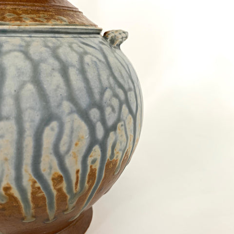 Detail of small vase from wood ash glazed suite with oval vessel and smaller round vase, neutral colors by Richard Aerni at Cottage Curator - Sperryville VA Art Gallery