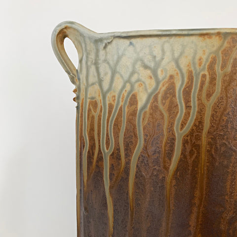 Detail of oval vessel from wood ash glazed suite with oval vessel and smaller round vase, neutral colors by Richard Aerni at Cottage Curator - Sperryville VA Art Gallery