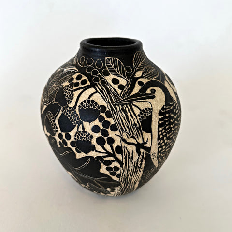 Black and white ceramic vessel featuring a sgraffito scene with acorns and three woodpeckers by Carolyn Blazeck at Cottage Curator - Sperryville VA Art Gallery
