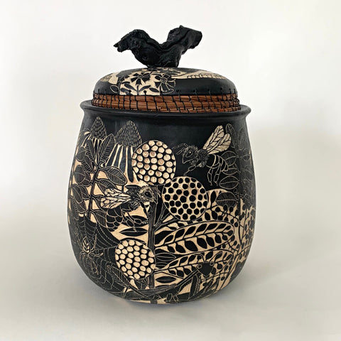 Black and white terra sigillata and sgraffito jar with lid edged in pine needles feat. snails, moths, bees by Carolyn Blazeck at Cottage Curator - Sperryville VA Art Gallery