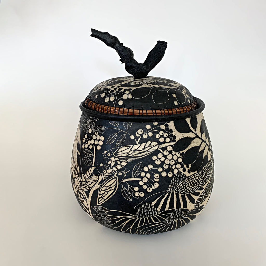 Lidded ceramic vessel with grape vine handle in black and white terra sigliatta technique with plants and insects by Carolyn Blazeck at Cottage Curator - Sperryville VA Art Gallery