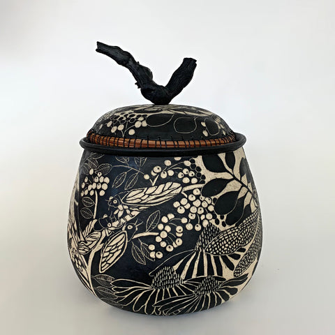 Lidded ceramic vessel with grape vine handle in black and white terra sigliatta technique with plants and insects by Carolyn Blazeck at Cottage Curator - Sperryville VA Art Gallery