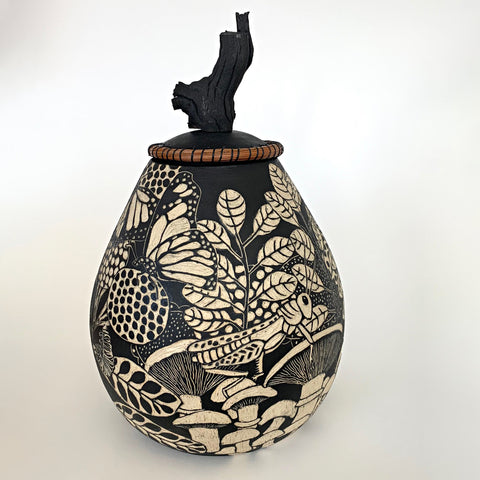 Lidded ceramic vessel with grape vine handle in black and white terra sigliatta and sgraffito technique with plants and insects by Carolyn Blazeck at Cottage Curator - Sperryville VA Art Gallery