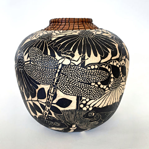 Black and white terra sigillata stoneware vessel with sgraffito carvings of blackbird, lotus and dragonfly with pine needles woven around neck of vase by Carolyn Blazeck at Cottage Curator - Sperryville VA Art Gallery