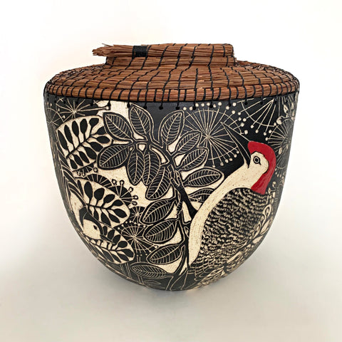 Black and white vessel with pine needle edge in black terra sigillata and sgraffito with woodpeckers by Carolyn Blazeck at Cottage Curator - Sperryville VA Art Gallery