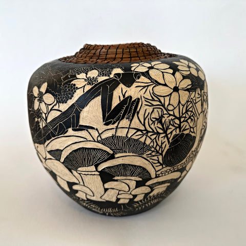 Black and white ceramic pot with sgraffito scene of praying mantis, mushrooms, and flowers by Carolyn Blazeck at Cottage Curator, Sperryville VA Art Gallery