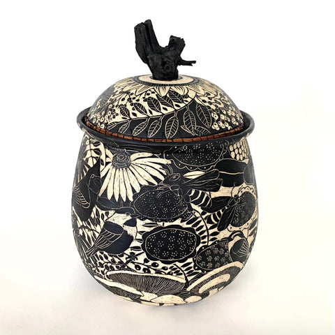 Large black and white lidded ceramic jar with sgraffito of insects, birds and plants with grape vine handle by Carolyn Blazeck at Cottage Curator - Sperryville VA Art Gallery