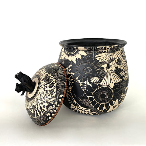Large black and white lidded ceramic jar with sgraffito of insects, birds and plants with grape vine handle by Carolyn Blazeck at Cottage Curator - Sperryville VA Art Gallery