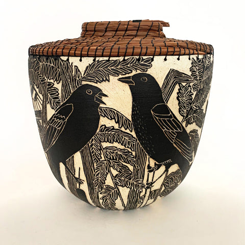 Black terra sigillata vessel with pine needle edge with birds in sgraffito by Carolyn Blazeck at Cottage Curator - Sperryville VA Art Gallery