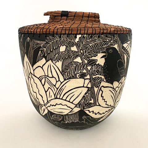 Black terra sigillata vessel with pine needle edge with birds in sgraffito by Carolyn Blazeck at Cottage Curator - Sperryville VA Art Gallery