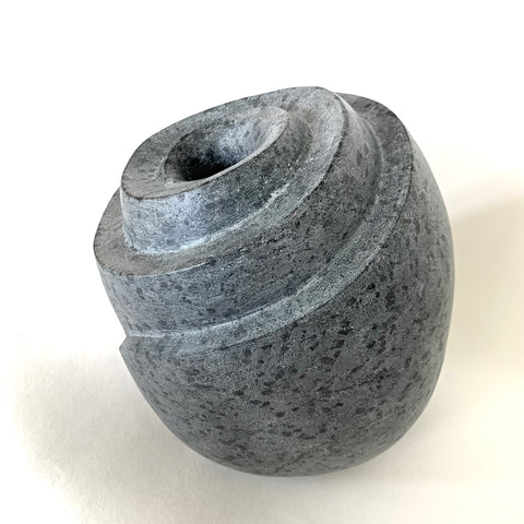 Gray soapstone sculpture resembling a hive with hole in the top center by Robert Bouquet at Cottage Curator - Sperryville VA Art Gallery