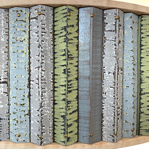 Detail of blue, green and grey vertical striped wood pieces on round, three-legged table with drawer, circular handle in maple, oak, and cherry and milkpaint by Christina Boy at Cottage Curator - Sperryville VA Art Gallery