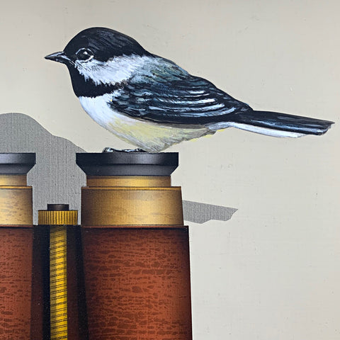 Detail of painting of Black Capped Chickadee perched atop an old fashioned pair of binoculars on a wooden tabletop by James Carter at Cottage Curator - Sperryville VA Art Gallery