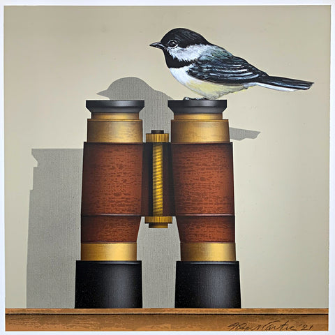 Painting of Black Capped Chickadee perched atop an old fashioned pair of binoculars on a wooden tabletop by James Carter at Cottage Curator - Sperryville VA Art Gallery