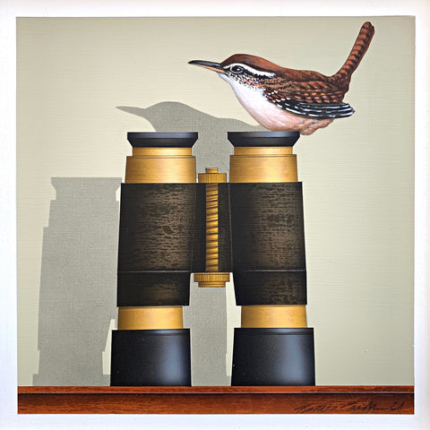 Painting of Carolina Wren perched atop a pair of antique binoculars standing on a table by James Carter at Cottage Curator - Sperryville VA Art Gallery