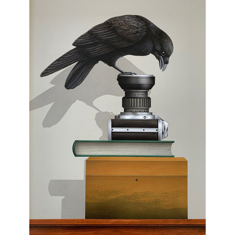 Still life painting of a raven sitting on the edge of a camera lens and looking in, upon a stack with a book and box by James Carter at Cottage Curator - Sperryville VA Art Gallery