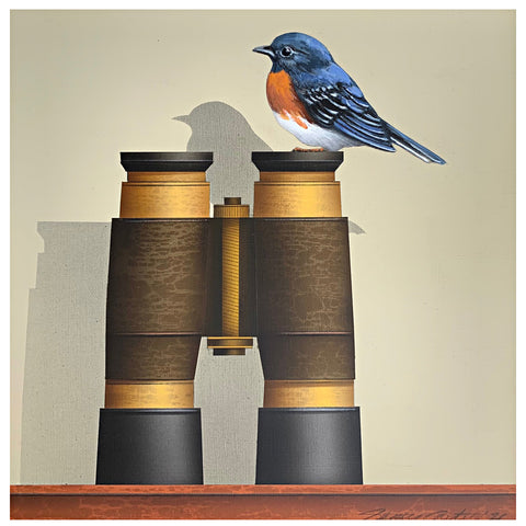Painting of Eastern Bluebird perched atop an old fashioned pair of binoculars on a wooden tabletop by James Carter at Cottage Curator - Sperryville VA Art Gallery
