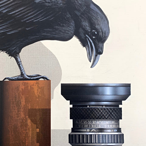 Detail of a corvid looking face to face with a camera lens in a painting by James Carter at Cottage Curator - Sperryville VA Art Gallery