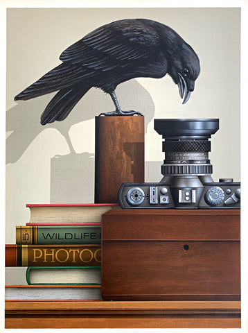 Painting of a bird atop a pile of books looking face to face with a camera lens set upon a wooden box by James Carter at Cottage Curator - Sperryville VA Art Gallery