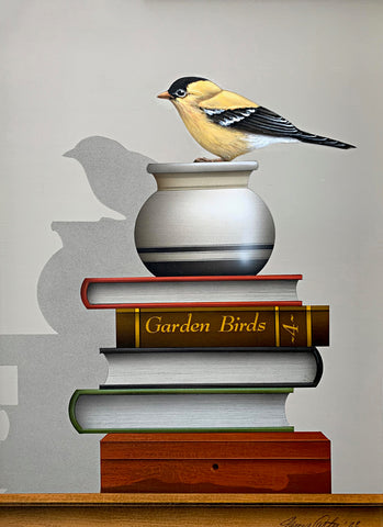 Trompe l'oeil still life painting of a goldfinch seated atop a pot sitting on a stack of books, one titled Garden Birds, by James Carter at Cottage Curator - Sperryville VA Art Gallery