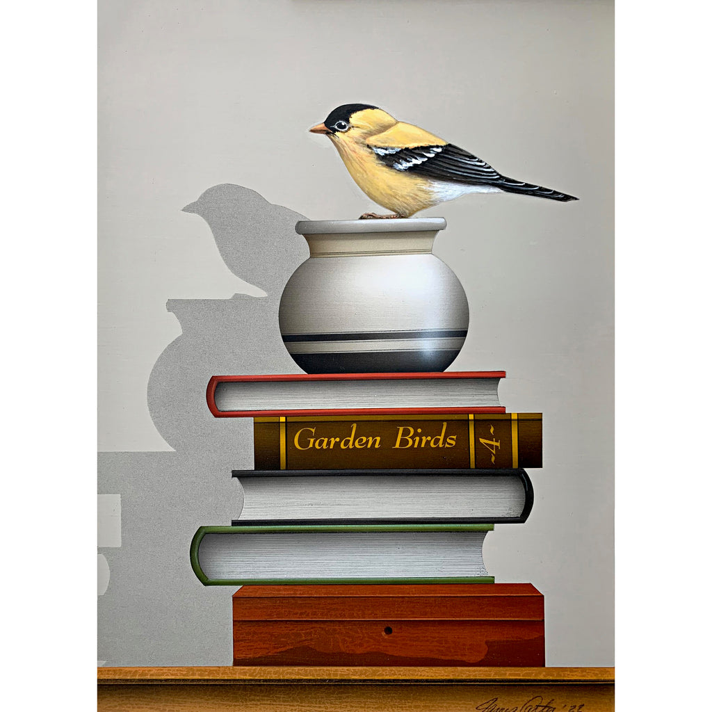 trompe l'oeil still life painting of a goldfinch seated atop a pot sitting on a stack of books, one titled Garden Birds, by James Carter at Cottage Curator - Sperryville VA Art Gallery
