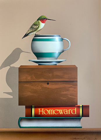 Painting of Ruby-throated hummingbird perched on a teapcup sitting atop a box and stack of books, one called Homeward by James Carter at Cottage Curator - Sperryville VA Art Gallery