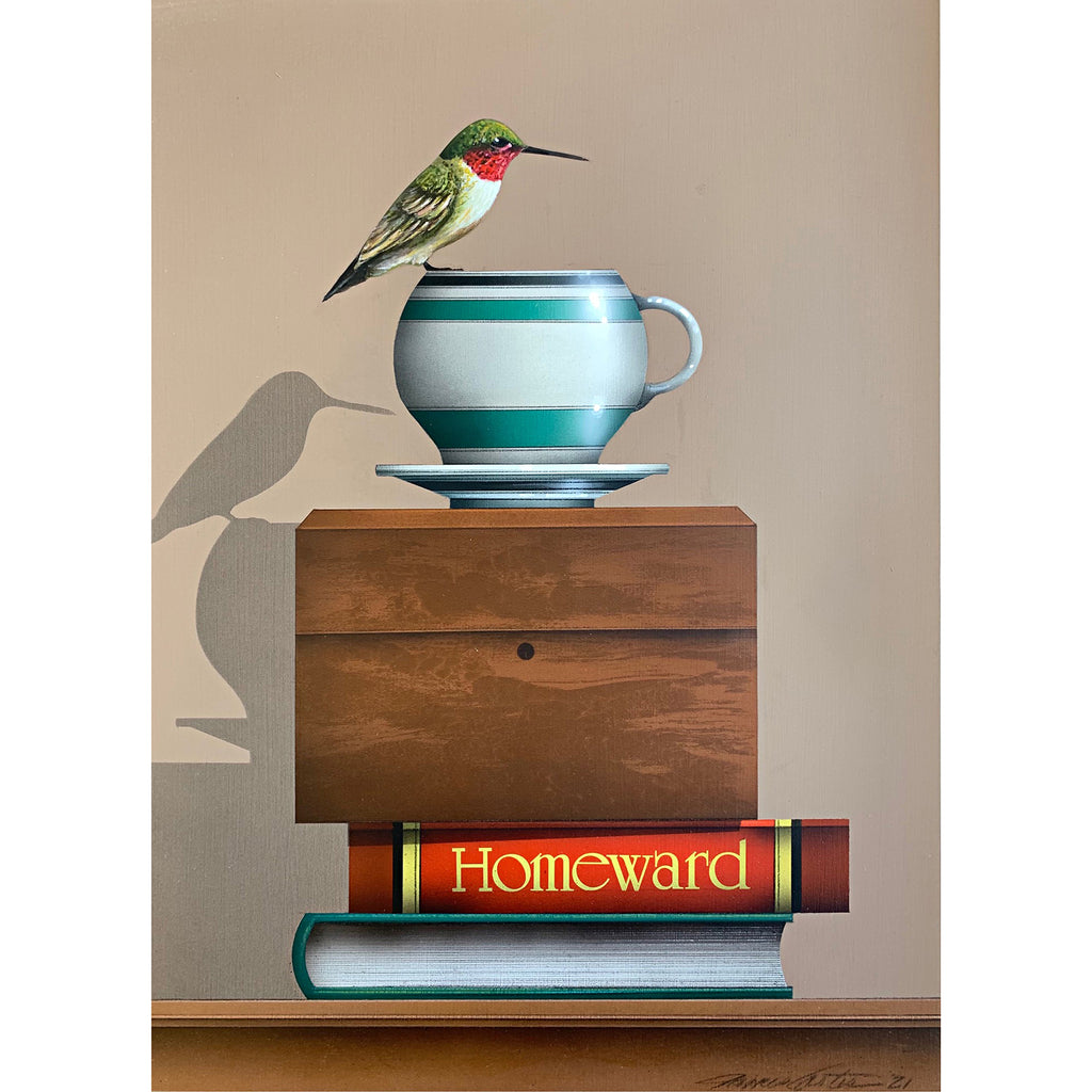 Painting of Ruby-throated hummingbird perched on a teapcup sitting atop a box and stack of books, one called Homeward by James Carter at Cottage Curator - Sperryville VA Art Gallery