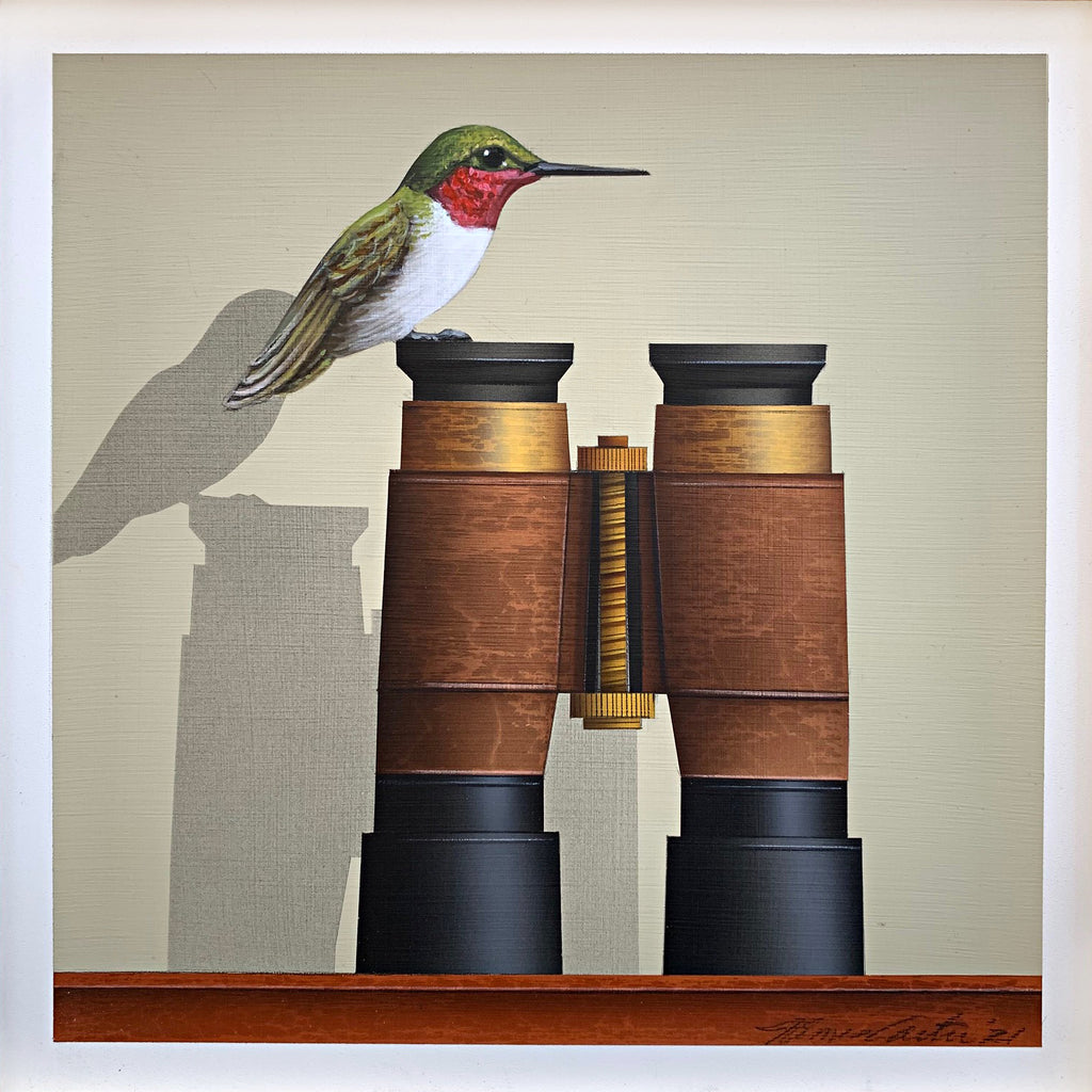 Painting of a Ruby-throated hummingbird perched atop a pair of binoculars against a white background by James Carter at Cottage Curator - Sperryville VA Art Gallery