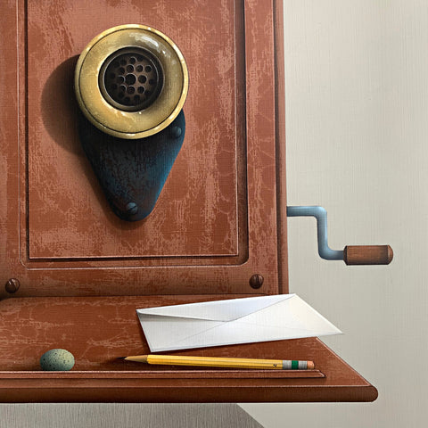 Detail of painting of a magpie perched atop an old wall-mounted rotary phone and desk by James Carter at Cottage Curator - Sperryville VA Art Gallery