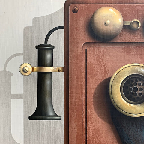 Detail of painting of a magpie perched atop an old wall-mounted rotary phone and desk by James Carter at Cottage Curator - Sperryville VA Art Gallery