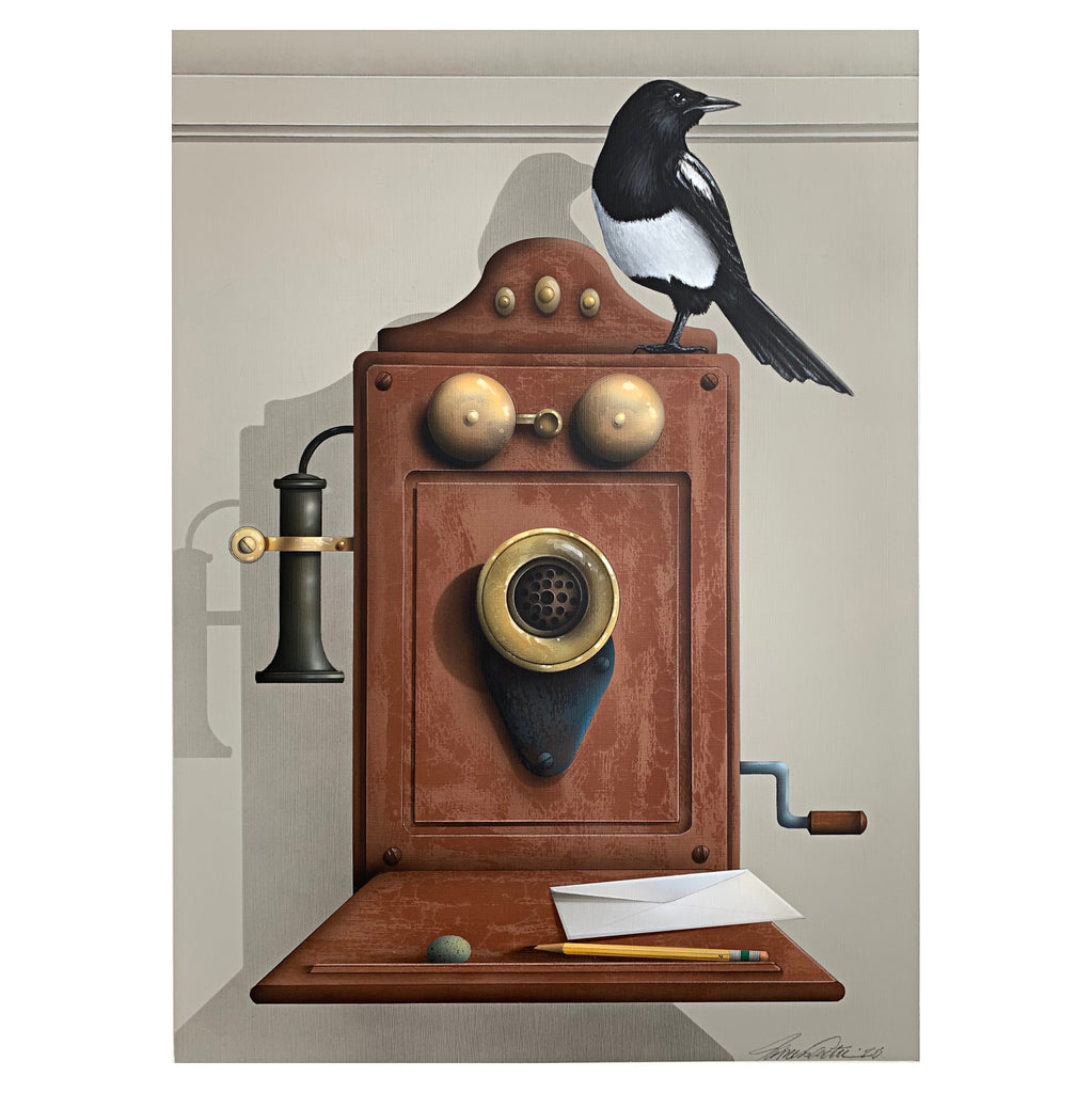 Painting of a magpie perched atop an old wall-mounted rotary phone and desk by James Carter at Cottage Curator - Sperryville VA Art Gallery