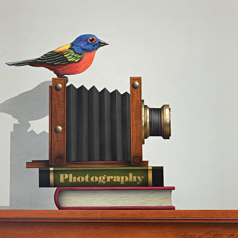 Realistic painting of a Painted Bunting sitting atop an old-fashioned accordion camera on two books, one labelled "Photography" by James Carter at Cottage Curator - Sperryville VA Art Gallery