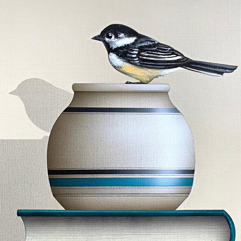 Detail of "Sitting Pretty" - a painting of a chickadee sitting atop a ceramic pot atop a book and wooden box on a tabletop by James Carter at Cottage Curator - Sperryville VA Art Gallery