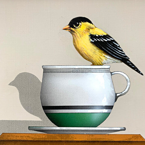 Detail of Sitting Pretty - a painting of a goldfinch perched on the rim of a teacup sitting atop a wooden box - by artist James Carter at Cottage Curator - Sperryville VA Art Gallery