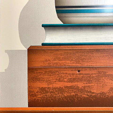 Detail of "Sitting Pretty" - a painting of a chickadee sitting atop a ceramic pot atop a book and wooden box on a tabletop by James Carter at Cottage Curator - Sperryville VA Art Gallery