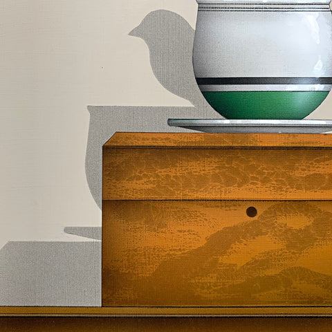 Detail of Sitting Pretty - a painting of a goldfinch perched on the rim of a teacup sitting atop a wooden box - by artist James Carter at Cottage Curator - Sperryville VA Art Gallery