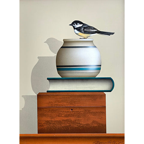 "Sitting Pretty" - a painting of a chickadee sitting atop a ceramic pot atop a book and wooden box on a tabletop by James Carter at Cottage Curator - Sperryville VA Art Gallery