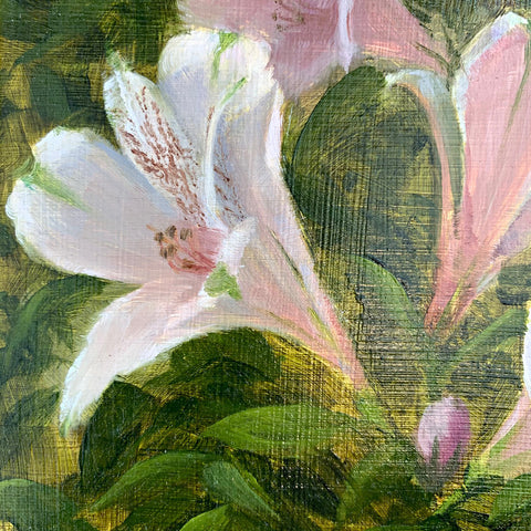 Painting of pink alstroemeria against a green background by Kathy Chumley at Cottage Curator - Sperryville VA Art Gallery 